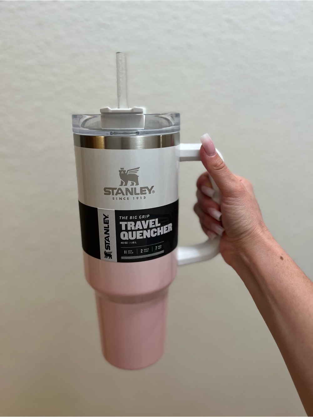 Stanley Travel Quencher Big Grip Tumbler - Light Pink and White